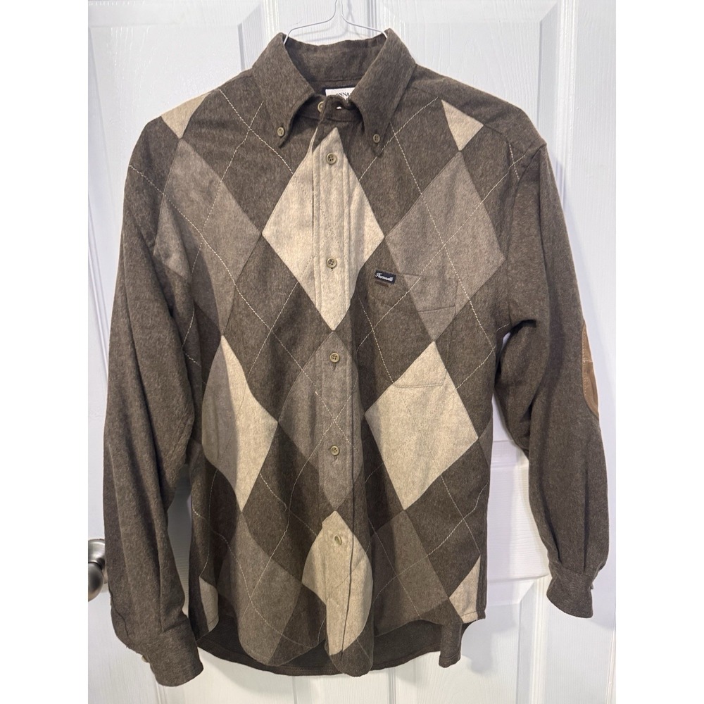 Faconnable Mens S Brown Argyle Wool Blend Heavyweight Shirt Elbow Patches